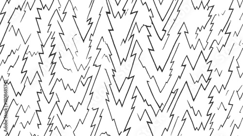 Black jagged lightning bolt pattern on white background hand drawn thunder storm