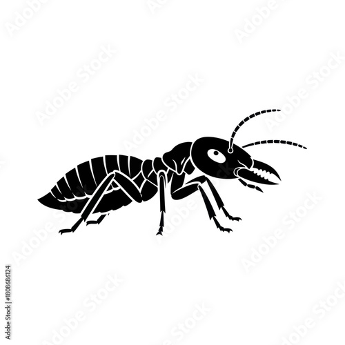 Black silhouette of an ant with detailed body segments and antennae.