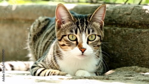 Portrait of a cute smiling gray tabby cat lying isolated on a sofa