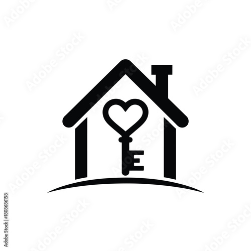 Heart shaped key inside a house silhouette symbolizing love and home