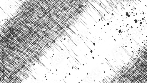 Black ink splatter and crosshatch texture on white background abstract