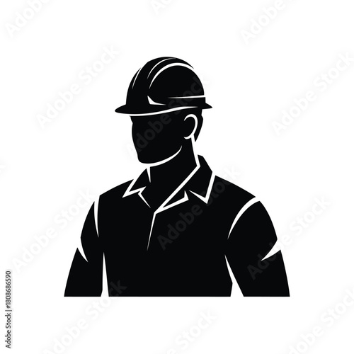 Silhouette of a construction worker wearing a hard hat and work shirt