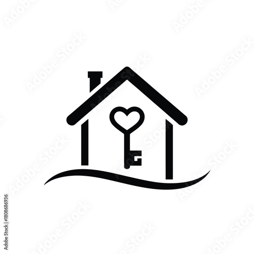 Heart shaped key inside a simple house outline icon