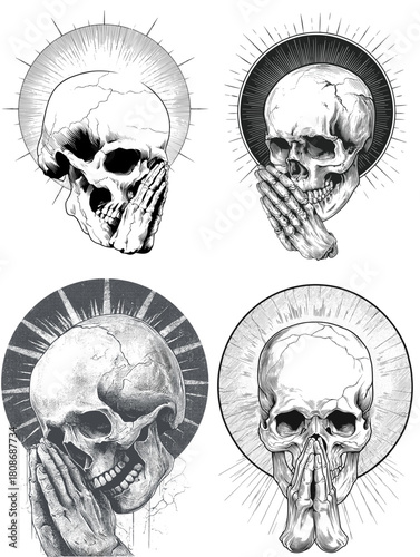 Monochrome illustrations of a praying skull with a radiant halo. Detailed gothic artwork symbolizing reflection, mortality, spirituality, and emotional dramatic themes.