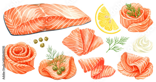 スモークサーモンと食材のセット（レモン・ケッパー・ディル）,海鮮,洋食,デリ,高級食材,水彩,リアル