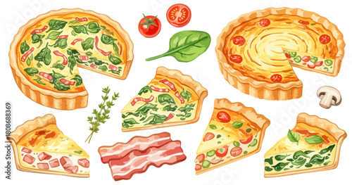 キッシュ（ベーコン・ほうれん草）と食材のセット,フランス料理,洋食,パイ,軽食,水彩,リアル