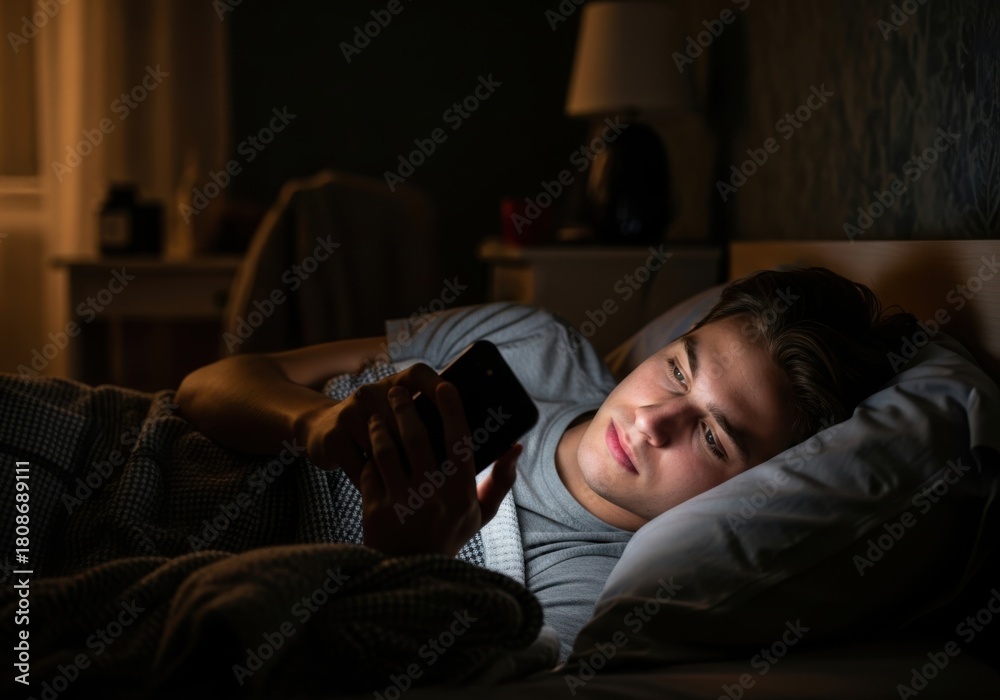 Fototapeta premium A young man lies in bed at night, illuminated by the blue light of his smartphone, engrossed in content while struggling to sleep, highlighting the impact of screen time on rest