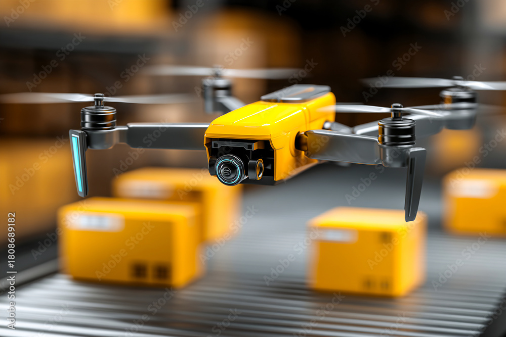 Fototapeta premium Autonomous delivery drone leaving warehouse with packaged items Generative AI