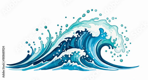 Dynamic watercolor ocean wave with foam splash and sea water splatter, a stylized surfing curl illustration isolated on a white background for design. 5