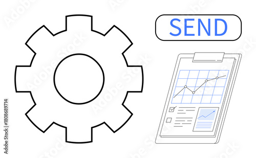 Gear, analytics clipboard, and send button highlighting workflow, data analysis, and communication. Ideal for automation, productivity, strategy technology planning reporting teamwork. A simple