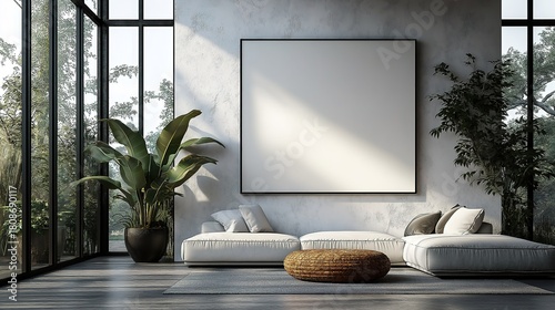modern art gallery-inspired living room, white walls, blank large canvas on clean wall, black steel accents, refined minimalism, sunlight reflecting on floor, sense of spaciousness and elegance