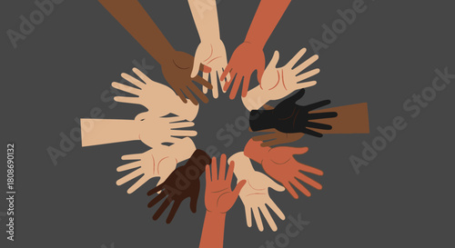 A diverse group of hands, with varying skin tones, are joined together in a circle, symbolizing unity and collaboration.
