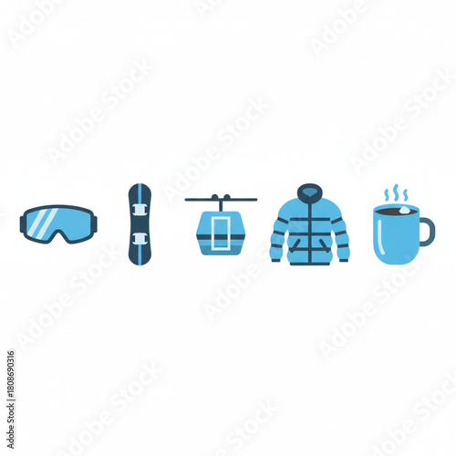 A set of blue icons representing winter sports equipment and mountain vacation elements