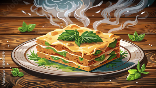 A top-down photorealistic view of spinach lasagna served on a rustic wooden table, with steam rising and rich cheese textures visible between layered pasta sheets