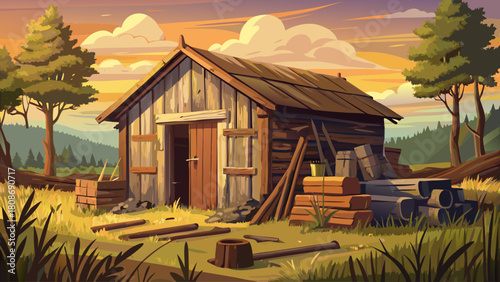 Weathered wooden shed in a quiet rural field, filled with neatly stacked firewood and old tools, captured in a moody vintage atmosphere