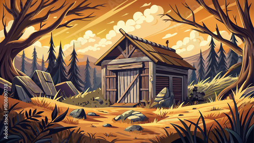 Old wooden storage hut surrounded by dry grass and scattered logs, cinematic vintage tones creating an eerie yet nostalgic rural mood