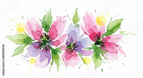 Delicate watercolor arrangement of three flowers with expressive paint splatter and splash effects, a beautiful floral vector design isolated on white