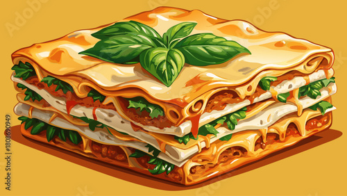 A photorealistic close-up of a freshly baked spinach lasagna, with bubbling cheese and layered green spinach visible beneath the golden crust, shot in warm kitchen lighting