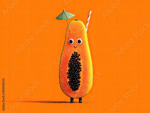 Cute 3D Papaya Juice Character with Straw and Fruit Slice, Happy Tropical Smoothie Mascot on Orange Background.
