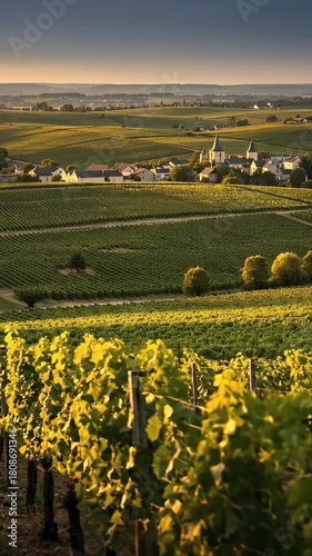 Golden Hour Light Over Vineyard Village Landscape Aerial View Footage