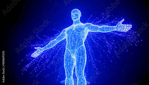 A futuristic statue forming from digital particles, blending surreal scale with holographic sci-fi aesthetics.
