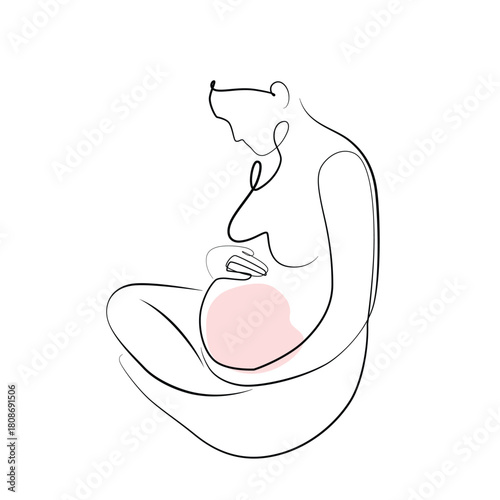 Pregnant woman holding belly one line drawing. Pregnant woman holding belly single line illustration. Pregnant woman holding belly minimalist line art.