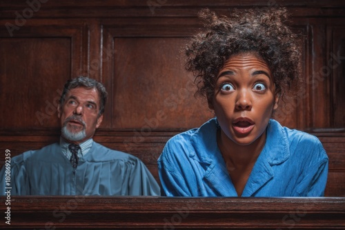 Courtroom scene with surprised defendant reacting to shocking testimony during trial proceedings in a traditional setting