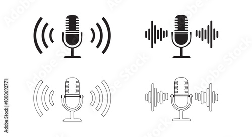 Microphone Audio Icon Set: A collection of simple, yet bold, microphone icons with audio wave visualisations. Perfect for your podcasting, audio production, and recording design needs.
