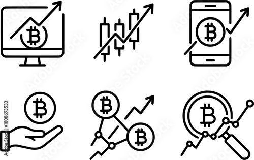 cryptocurrency trading and market analysis vector icons