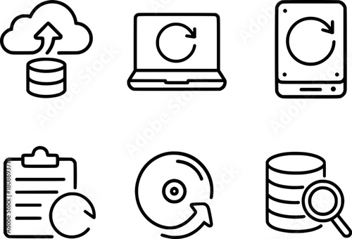 data backup and recovery management line icons set