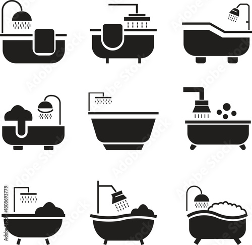 Bathroom bathtub flat icon set with modern shower symbols. Minimal vectors illustrations showing tubs, bubbles and water flow elements for home interior designs and perfect for cleaning bathroom.