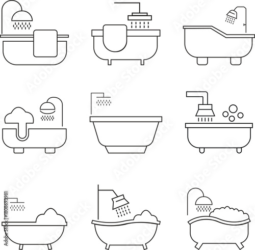 Bathroom bathtub outline icon set with modern shower symbols. Minimal vectors illustrations showing tubs, bubbles and water flow elements for home interior designs and perfect for cleaning bathroom.