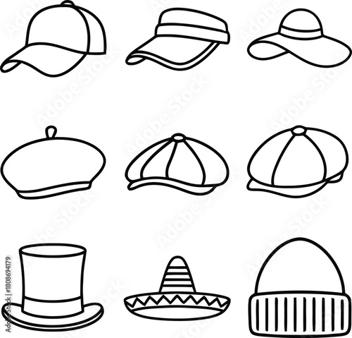 Collection of hand drawn illustrations of various hats and headwear