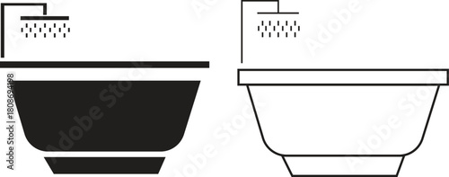 Bathroom bathtub flat and outline icon set with modern shower symbols. Minimal vectors illustrations showing tubs, bubbles and water flow elements for home interior designs and perfect for cleaning.