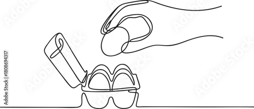 Continuous single line drawing of a hand placing an egg into a carton, minimalist food and grocery themed outline illustration, vector
