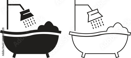 Bathroom bathtub flat and outline icon set with modern shower symbols. Minimal vectors illustrations showing tubs, bubbles and water flow elements for home interior designs and perfect for cleaning.
