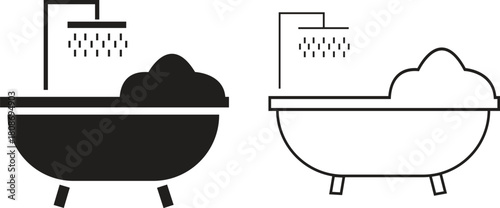 Bathroom bathtub flat and outline icon set with modern shower symbols. Minimal vectors illustrations showing tubs, bubbles and water flow elements for home interior designs and perfect for cleaning.