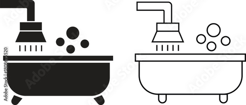 Bathroom bathtub flat and outline icon set with modern shower symbols. Minimal vectors illustrations showing tubs, bubbles and water flow elements for home interior designs and perfect for cleaning.