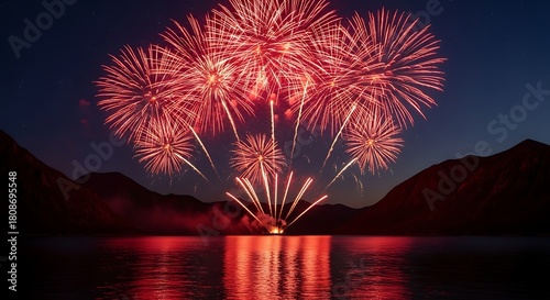 Vibrant red fireworks exploding over tranquil lake and mountains