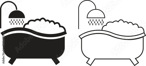 Bathroom bathtub flat and outline icon set with modern shower symbols. Minimal vectors illustrations showing tubs, bubbles and water flow elements for home interior designs and perfect for cleaning.