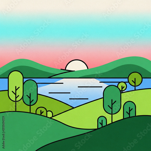 Serene minimalist landscape illustration green hills, calm lake, stylized trees, vibrant gradient sky at dawn or dusk, a peaceful graphic art