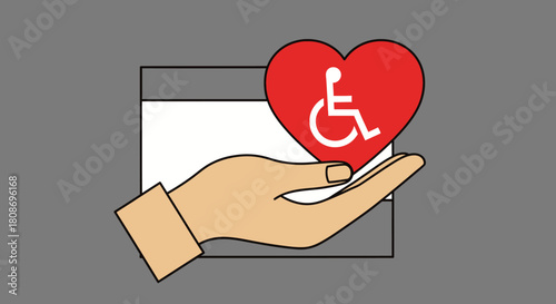 A hand holding a red heart with a wheelchair symbol, symbolizing care and accessibility.
