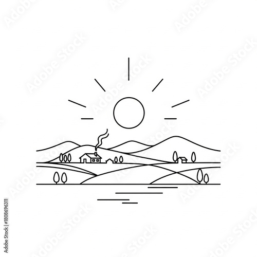 Minimalist line art illustration of a serene rural landscape with a farmhouse nestled in rolling hills at sunrise