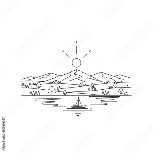 Serene Landscape Mountain Peaks and Sailing Adventure Depicted in Minimalist Illustration Style