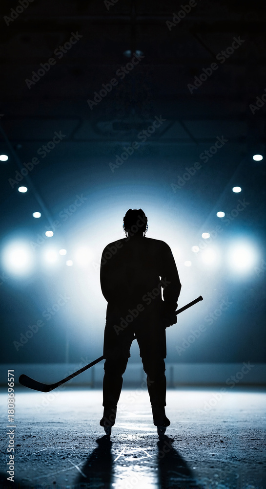 Naklejka premium Hockey player silhouetted with stick in illuminated rink at night 