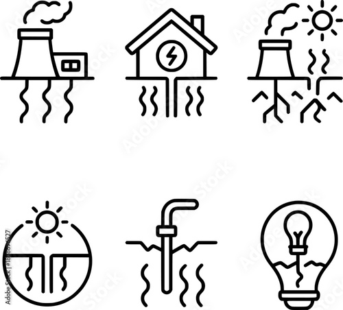 renewable geothermal energy power line icons set