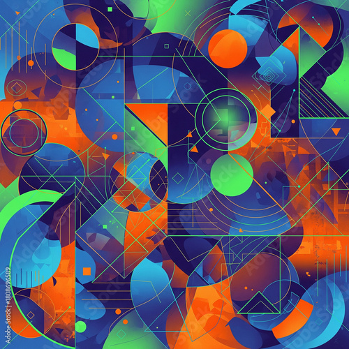 Vibrant abstract composition of futuristic geometric shapes and overlapping colorful gradients creating a dynamic digital background