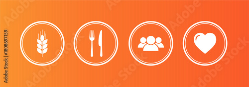 Food and Community Icons Set on Orange Gradient Background