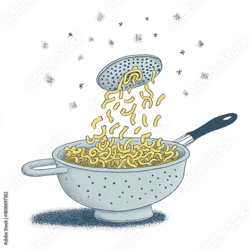 Colander draining cooked pasta, showcasing flowing noodles in a whimsical style.