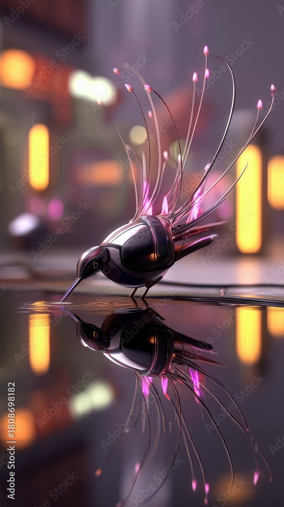 Obraz premium A metallic hummingbird with glowing pink filament-like tail feathers drinks from a still, reflective body of water.